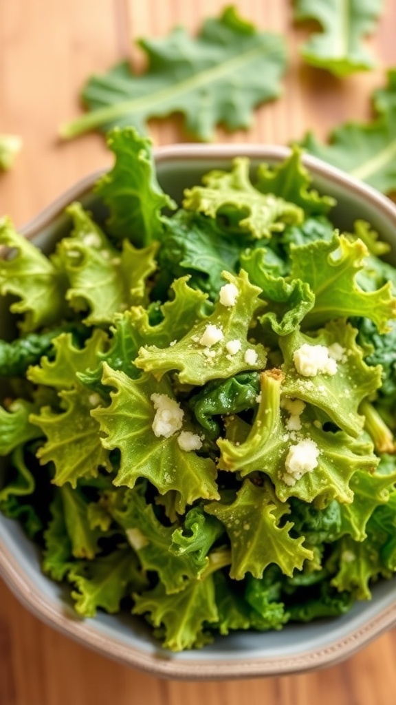 A bowl of crispy kale chips with a sprinkle of nutritional yeast on a wooden table.